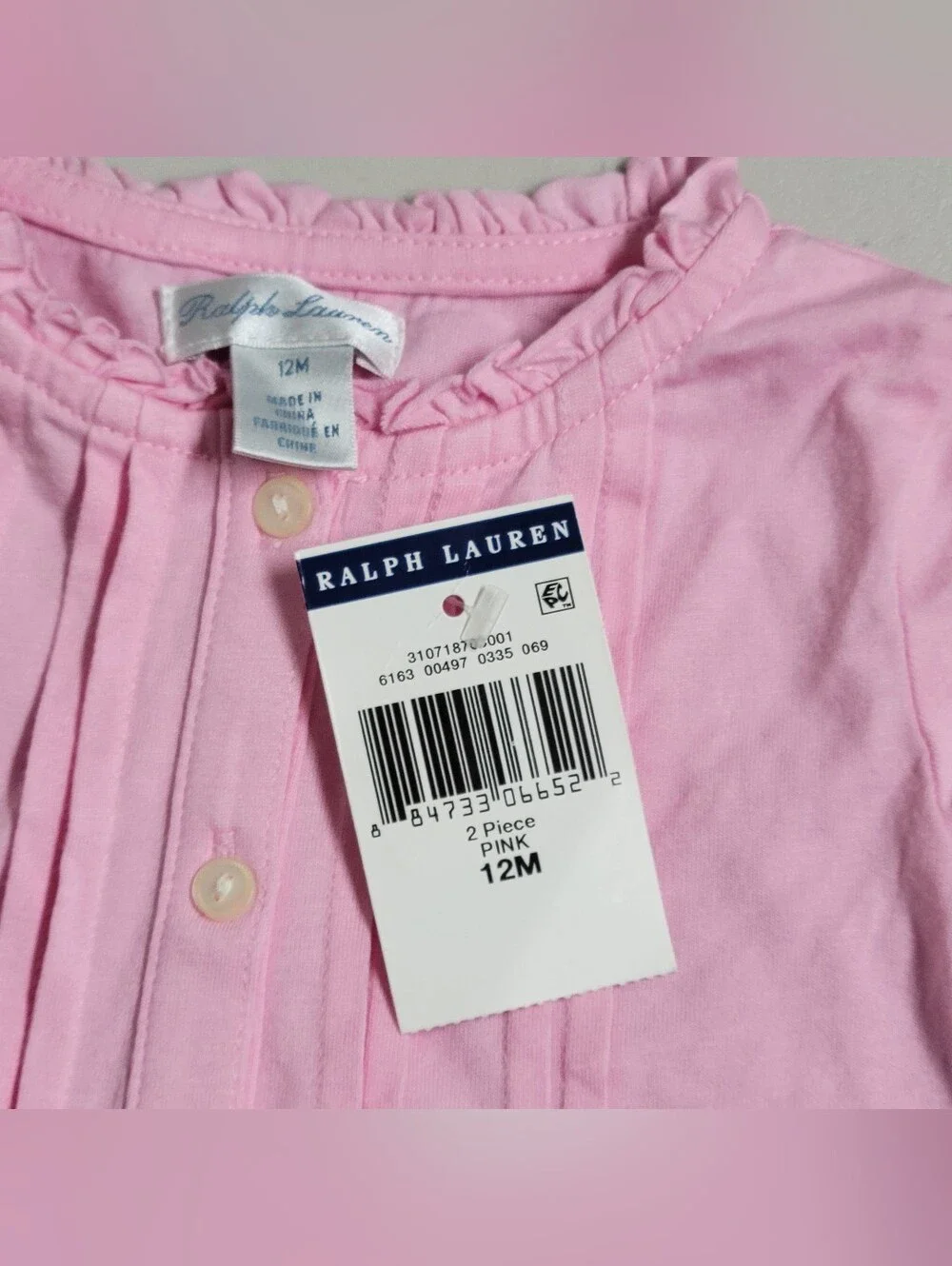 Ralph Lauren NWT Girls' Pink Long-Sleeve Button Front Top - 12M.
